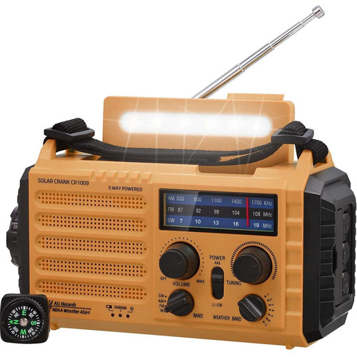 Radio Vendos85 Radio Solaire Portable à Manivelle AM/FM/SW avec batterie Rechargeable 5000mAh, Lampe de Poche LED et Lampe de Lecture, Alarme SOS, Boussole orange noir