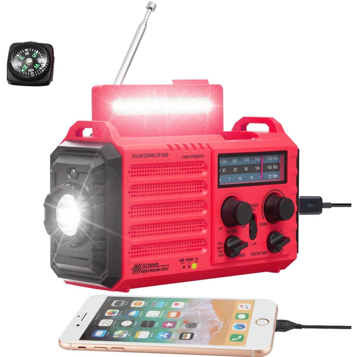 Radio Vendos85 Radio Solaire Portable à Manivelle AM/FM/SW avec batterie Rechargeable 5000mAh, Lampe de Poche LED et Lampe de Lecture, Alarme SOS, Boussole rouge noir