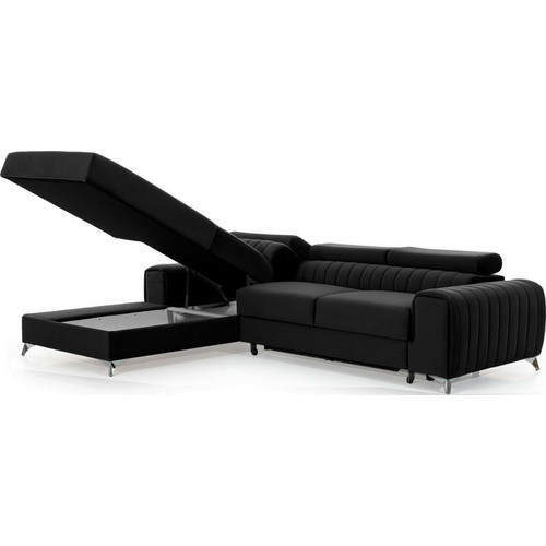 VENESETTI Canapé d'angle convertible en tissu velours Luxe noir, 5 places, angle gauche (vu de face) - GRECE VELOURS