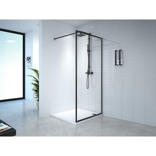 Cabine de douche Vente-Unique Paroi de douche à l'italienne - 100 x 200 cm - Noir mat - Verre trempé - AMBERI