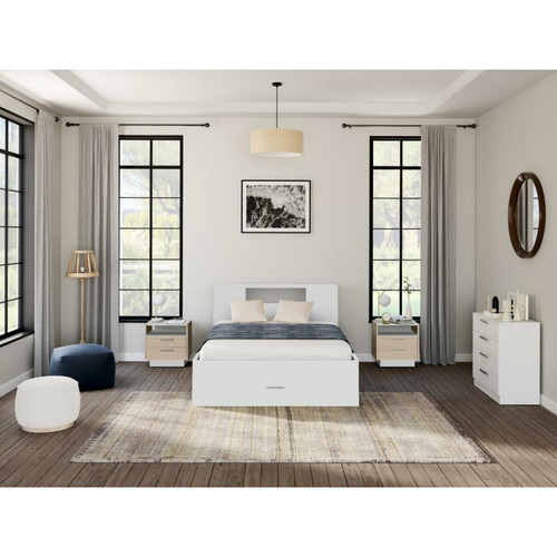 Ensembles de literie Lit avec tête de lit rangements et tiroirs - 140 x 190 cm - Coloris : Blanc + Sommier + Matelas - LEANDRE