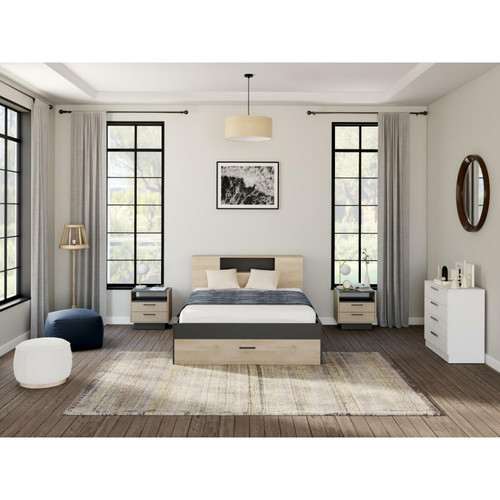 Vente-Unique - Lit avec tête de lit rangements et tiroirs - 160 x 200 cm - Coloris : Naturel et anthracite + Chevets - LEANDRE Vente-Unique  - Coffre bout lit