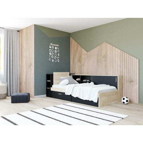 Vente-Unique - Lit modulable 90 x 190/200 cm avec rangements - Noir et naturel - LIARA Vente-Unique  - Dressing modulable Maison