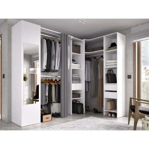 Vente-Unique - Dressing d'angle avec rideau et 1 porte - Avec miroir - L231 cm - Blanc et gris - BERTRAND - Armoire