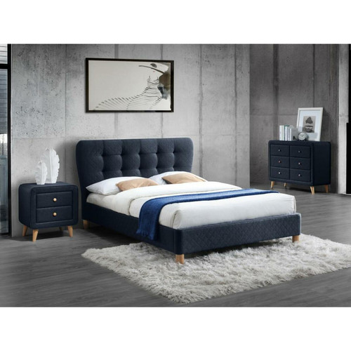 Vente-Unique - Lit 140 x 190 cm avec tête de lit capitonnée - Tissu - Bleu - ELIDE Vente-Unique  - Literie