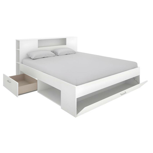 Ensembles de literie Lit avec tête de lit rangements et tiroirs - 140 x 190 cm - Coloris : Blanc - LEANDRE