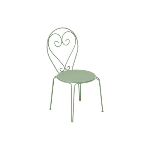 Ensembles tables et chaises Salle à manger de jardin en métal façon fer forgé : une table et 4 chaises empilables - Vert amande - GUERMANTES de MYLIA