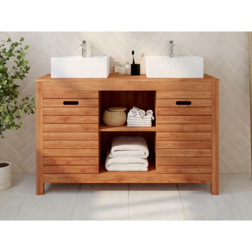 meuble bas salle de bain Vente-Unique Meuble de salle de bain en bois d'acacia avec double vasque - 130 cm  - PULUKAN