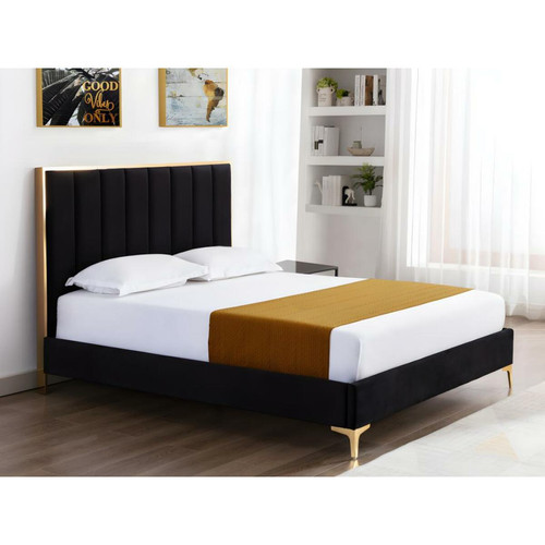 Vente-Unique - Lit 160 x 200 cm avec tête de lit coutures verticales - Velours - Noir et doré + Matelas - CLARISSE Vente-Unique  - Literie