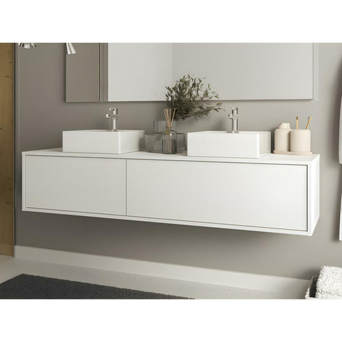 Vente-Unique - Meuble de salle de bain suspendu blanc avec double vasque - L150 cm - ISAURE II Vente-Unique  - meuble bas salle de bain Gris ceruse et blanc
