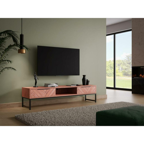 Meubles TV, Hi-Fi Vente-Unique Meuble TV 2 tiroirs et 1 niche en bois d'acacia et métal - Naturel foncé et Noir - VEDILA