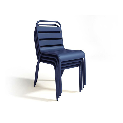 Ensembles tables et chaises Salle à manger de jardin en métal - une table D.110cm et 4 chaises empilables - Bleu nuit - MIRMANDE de MYLIA