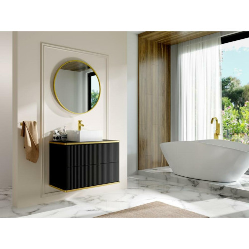 meuble bas salle de bain Vente-Unique Meuble de salle de bain suspendu strié liseré doré avec vasque à poser - Noir - 80 cm - KELIZA