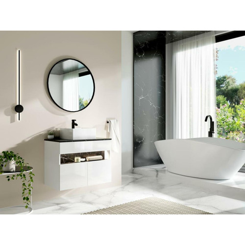 Vente-Unique - Meuble de salle de bain suspendu à LEDs avec vasque à poser - Blanc et noir effet marbre - L80 cm - POZEGA Vente-Unique  - Salle bain noir blanc