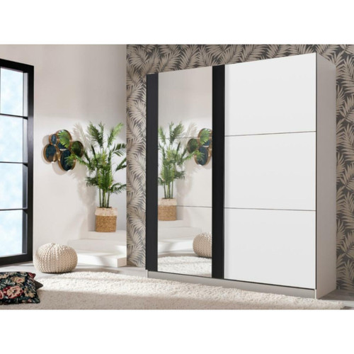 Vente-Unique - Armoire SUTERA - 2 portes coulissantes - Avec miroir - L.217 cm - Blanc et noir - Armoire 2 portes
