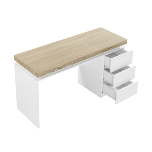 Bureau et table enfant Bureau avec 3 tiroirs et LEDs - MDF laqué blanc et naturel - HALO