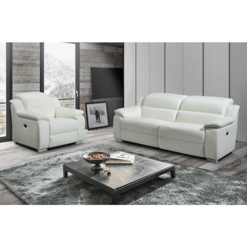 Vente-Unique - Canapé 3 places et fauteuil relax électrique en cuir blanc ARENA III Vente-Unique  - Salons complets