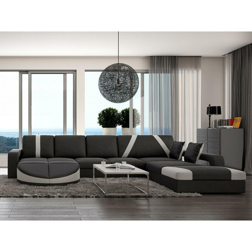 Vente-Unique - Canapé d'angle droit panoramique en simili noir et bandes blanches MINTIKA Vente-Unique  - Meridienne cuir