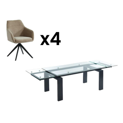 Vente-Unique - Ensemble table LUBANA + 4 chaise MUSE - Noir et beige - Table extensible 12 personnes