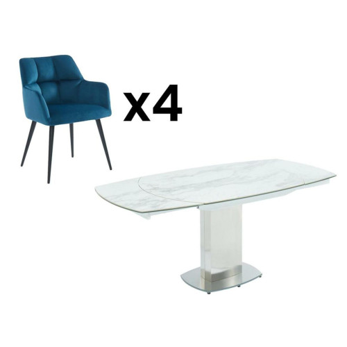 Vente-Unique - Ensemble table TALICIA + 4 Chaises PEGA - Blanc et bleu - Table extensible 12 personnes