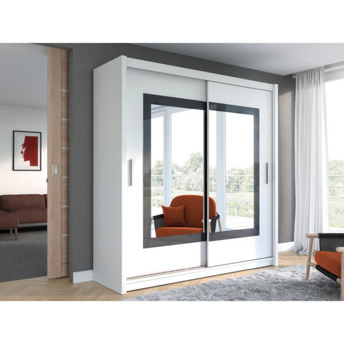 Vente-Unique - Armoire 2 portes coulissantes - Avec miroir  - L203 cm - Blanc - AUTLAN - Armoire