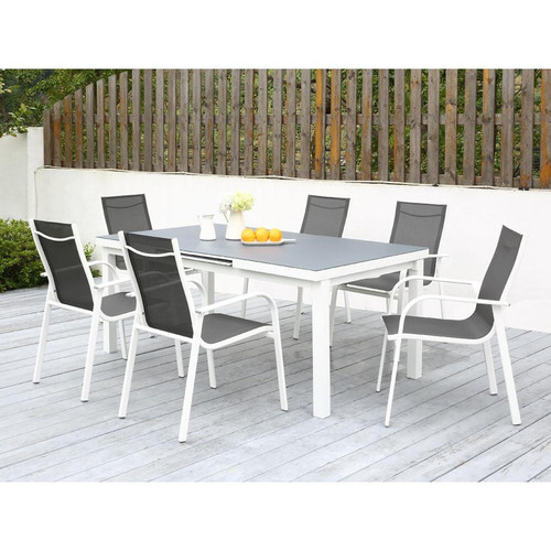 Vente-Unique - Salle à manger de jardin en aluminium grise et blanche : 6 fauteuils et une table extensible - LINOSA - Vente-Unique