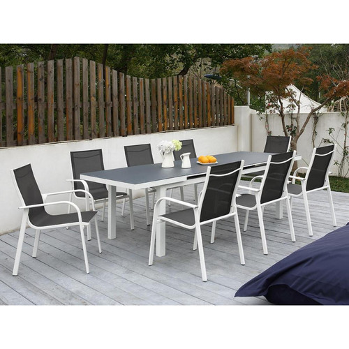 Vente-Unique - Salle à manger de jardin en aluminium grise et blanche : 8 fauteuils et une table extensible - LINOSA - Vente-Unique