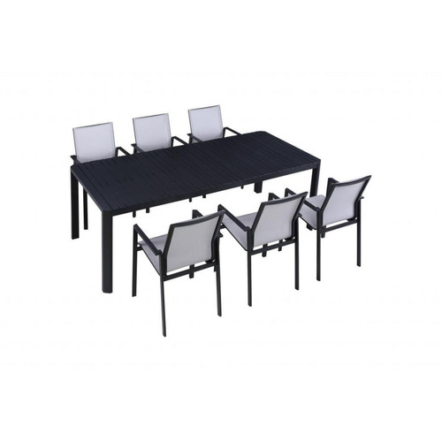 Vente-Unique - Salle à manger de jardin noire en aluminium - Table L. 229 cm + 6 fauteuils gris et noir - MENDOZA - Vente-Unique