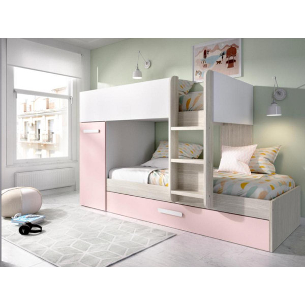 Lit enfant Vente-Unique Lits superposés avec tiroir lit gigogne et rangements 3 x 90 x 190 cm - Blanc, naturel et rose - ANTHONY