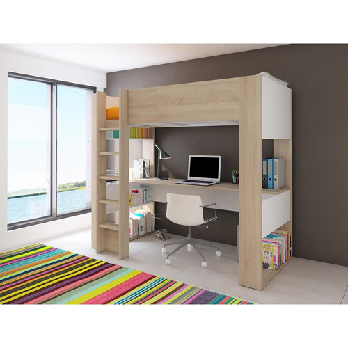 Vente-Unique - Lit mezzanine avec bureau et rangements intégrés - 90 x 200 cm - Chêne et blanc - NOAH II - Lit enfant