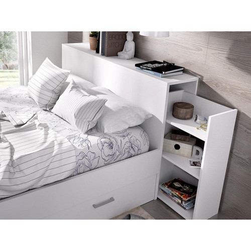 Vente-Unique Lit avec tête de lit rangements et tiroirs 140x190cm - Coloris : Blanc - FLORIAN
