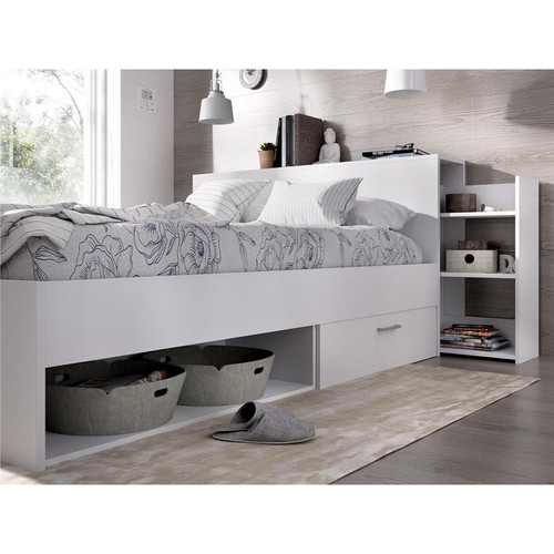 Ensembles de literie Lit avec tête de lit rangements et tiroirs 140x190cm - Coloris : Blanc - FLORIAN