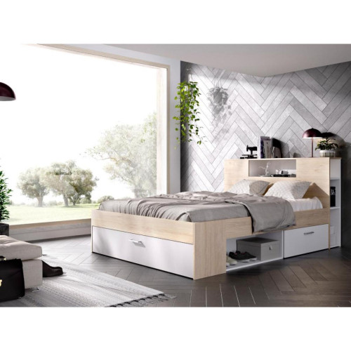 Vente-Unique - Lit avec tête de lit rangements et tiroirs - 160 x 200 cm - Coloris : Naturel et blanc - LEANDRE - Literie Vente-Unique