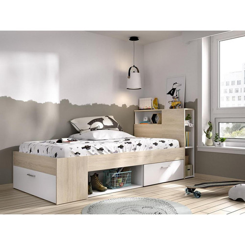 Vente-Unique - Lit avec tête de lit rangements et tiroir - 90 x 190 cm - Blanc et Naturel - LEANDRE - Literie Vente-Unique