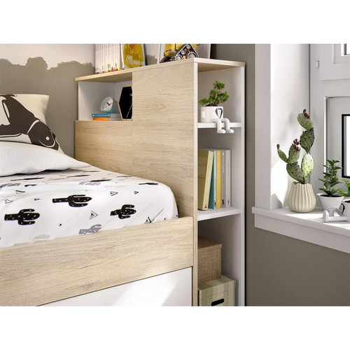 Ensembles de literie Lit avec tête de lit rangements et tiroir - 90 x 190 cm - Blanc et Naturel - LEANDRE