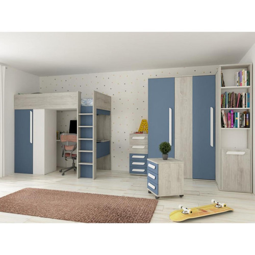 Vente-Unique - Lit mezzanine 90 x 200 cm avec armoire et bureau - Bleu et blanc + matelas - NICOLAS - Chambre Enfant Bleu, rouge, vert