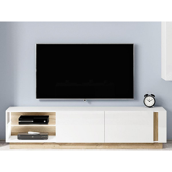 Meubles TV, Hi-Fi Vente-Unique Meuble TV MURARI - 2 portes et 2 niches - Avec LEDs - Blanc brillant et chêne