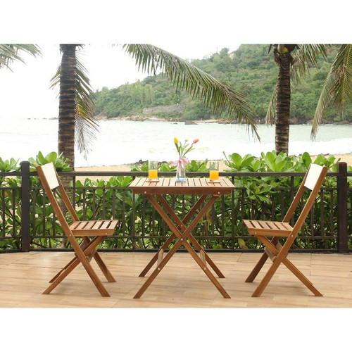 Vente-Unique - Salle à manger de jardin en acacia : 1 table et 2 chaises pliantes blanches et naturelles - ASINARA - Vente-Unique