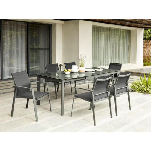 Vente-Unique - Salle à manger de jardin en aluminium - Table extensible 140/200cm + 6 fauteuils - Anthracite - PALAOS II - Vente-Unique