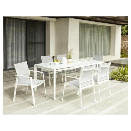 Vente-Unique - Salle à manger de jardin en aluminium - Table extensible 140/200cm + 6 fauteuils - Gris/Blanc - PALAOS II - Vente-Unique