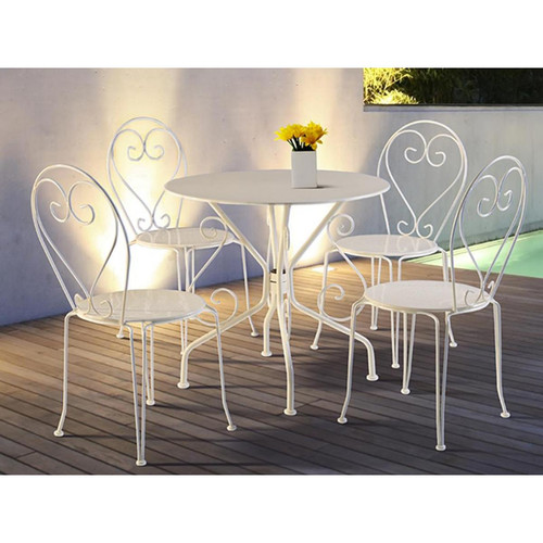 Vente-Unique - Salle à manger de jardin en métal façon fer forgé : une table et 4 chaises empilables - Blanc - GUERMANTES - Vente-Unique