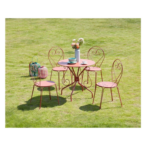 Vente-Unique - Salle à manger de jardin en métal façon fer forgé : une table et 4 chaises empilables - Terracotta - GUERMANTES - Vente-Unique