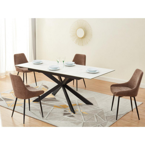 Vente-Unique Table à manger extensible ALBINA - 6 à 8 couverts - Céramique & Verre trempé - Effet marbre Blanc