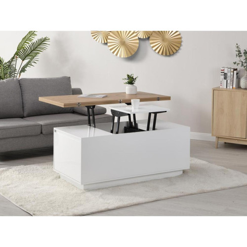Vente-Unique - Table basse extensible avec 2 plateaux relevables et 2 tiroirs - MDF et métal - Naturel et blanc laqué - SILIAM - Vente-Unique