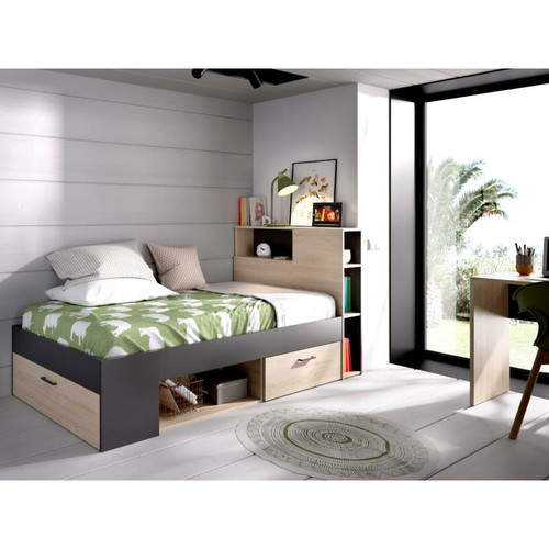 Vente-Unique - Lit avec tête de lit rangements et tiroir - 90 x 190 cm - Anthracite et naturel + Sommier - LEANDRE Vente-Unique  - Coffre bout lit