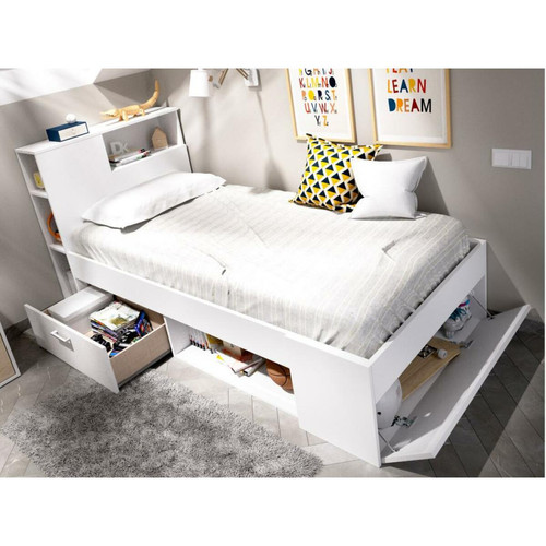 Vente-Unique Lit avec tête de lit rangements et tiroir - 90 x 190 cm - Blanc + Sommier - LEANDRE