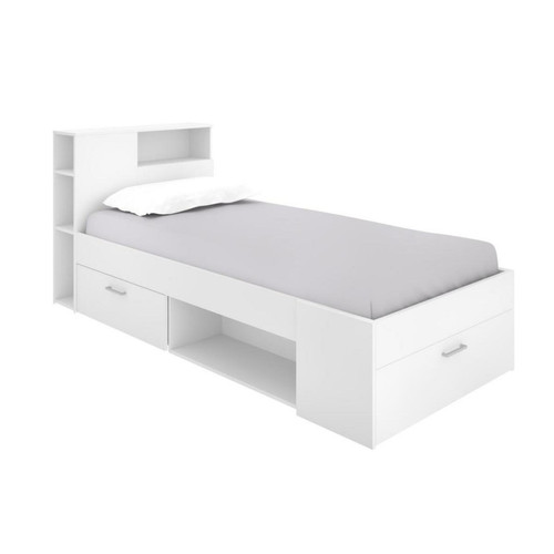 Ensembles de literie Lit avec tête de lit rangements et tiroir - 90 x 190 cm - Blanc + Sommier - LEANDRE