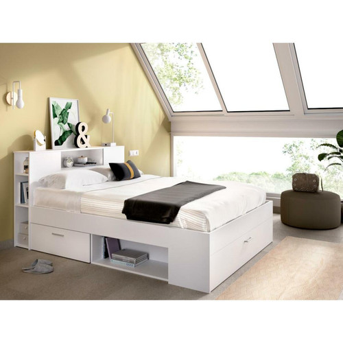 Vente-Unique - Lit avec tête de lit rangements et tiroirs - 140 x 190 cm - Coloris : Blanc + Sommier + Matelas - LEANDRE Vente-Unique  - Lit metal