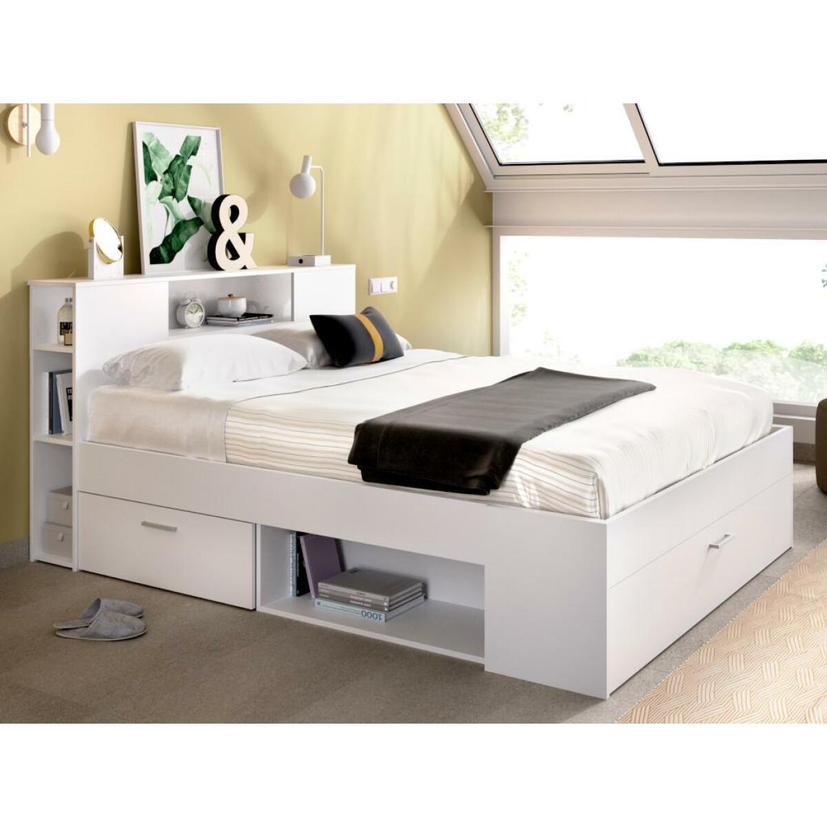 Ensembles de literie Vente-Unique Lit avec tête de lit rangements et tiroirs - 140 x 190 cm - Coloris : Blanc - LEANDRE