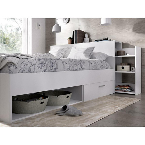Vente-Unique Lit avec tête de lit rangements et tiroirs 140x190cm - Coloris : Blanc - FLORIAN